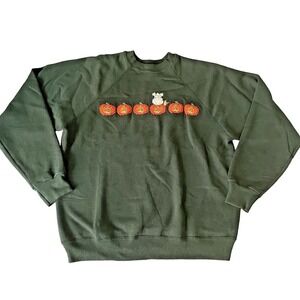 Tultex Vintage Green Pumpkin Ghost‎ Halloween Embroidered Sweatshirt Size Large